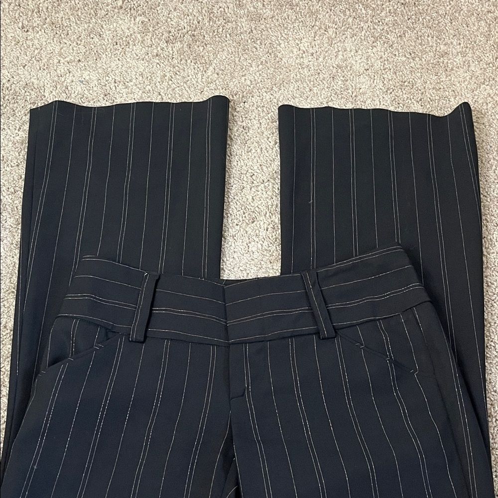 Alice + Olivia Wide Leg Black Metallic Silver Pinstripe Wool Trousers Pants 2